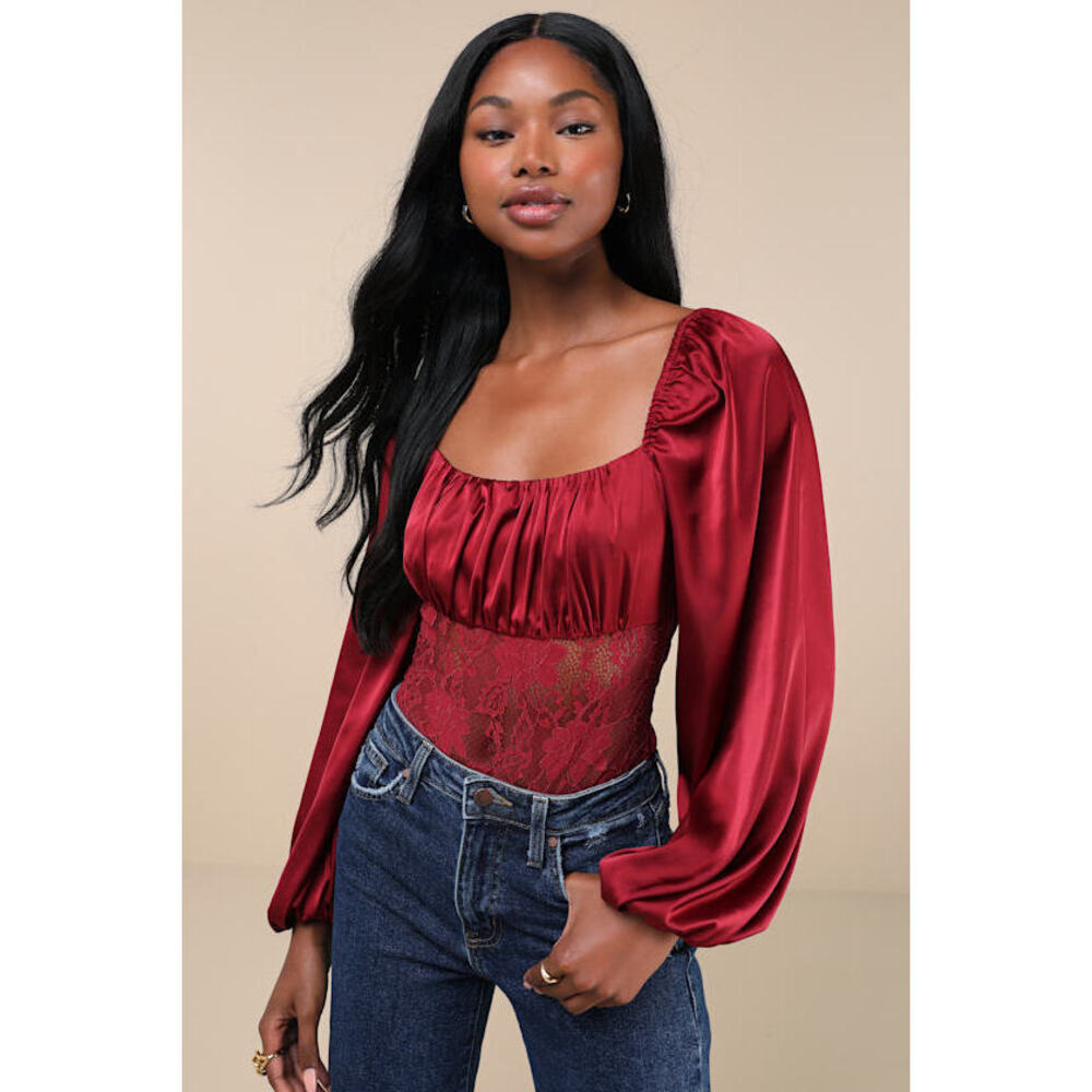 Lulus Endless Aura Wine Red Satin Balloon Sleeve Sheer Lace Bodysuit - Size M